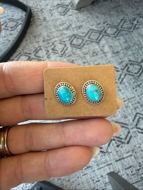 Turquoise Oval Stone Silver-Trim Stud Earrings - Women Jewelry